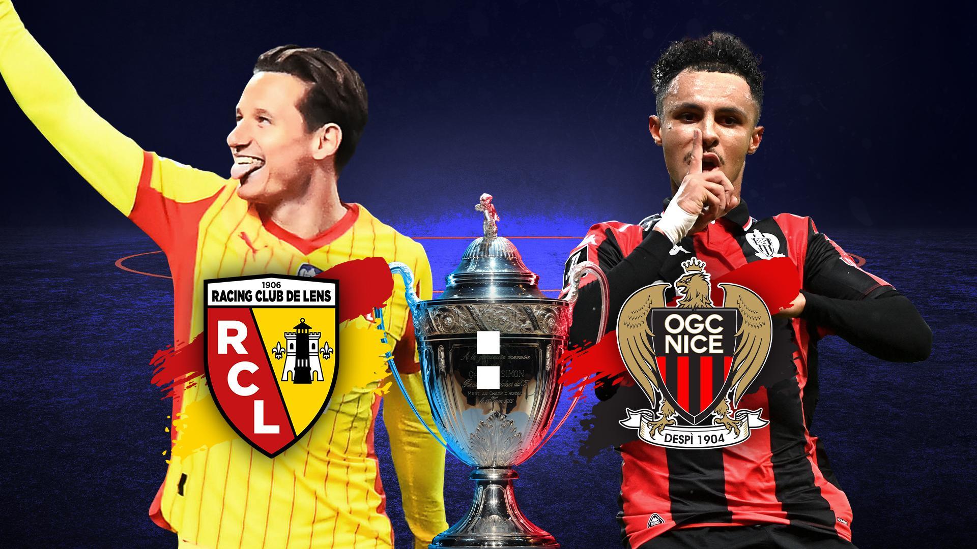 Werbemotiv mit Spielern von RC Lens und OGC Nizza und Vereinslogos.
